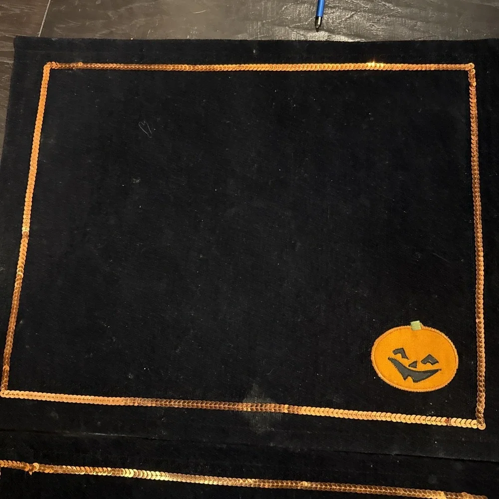 Halloween Black Velvet Orange Sequins‎ Placemats Pumpkins Set Of 4